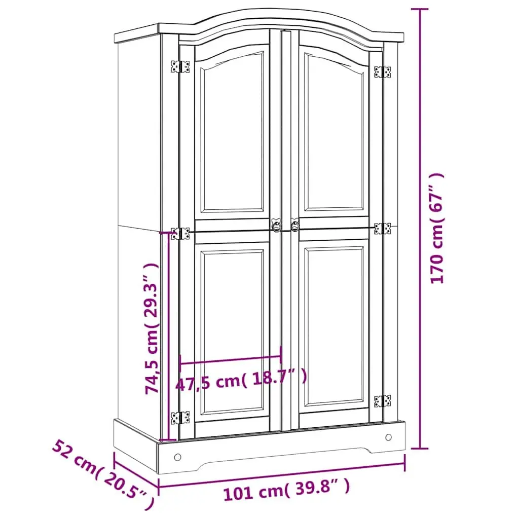 Mexican Corona Style Wooden Wardrobe 2 Doors Brown Pine Bedroom Cupboard Storage