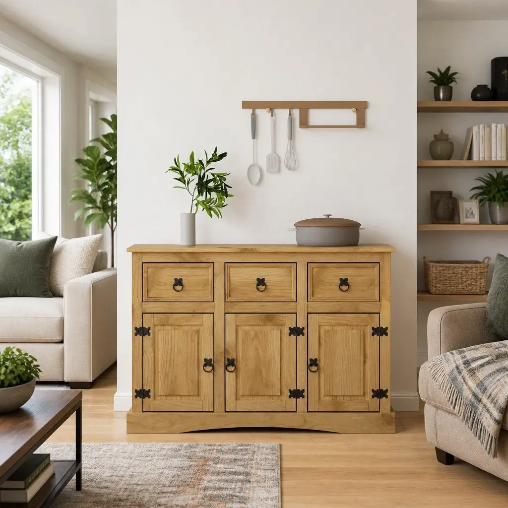 Sideboard Storage Cabinet Solid Pinewood 3 Doors Drawers Compartments Brown