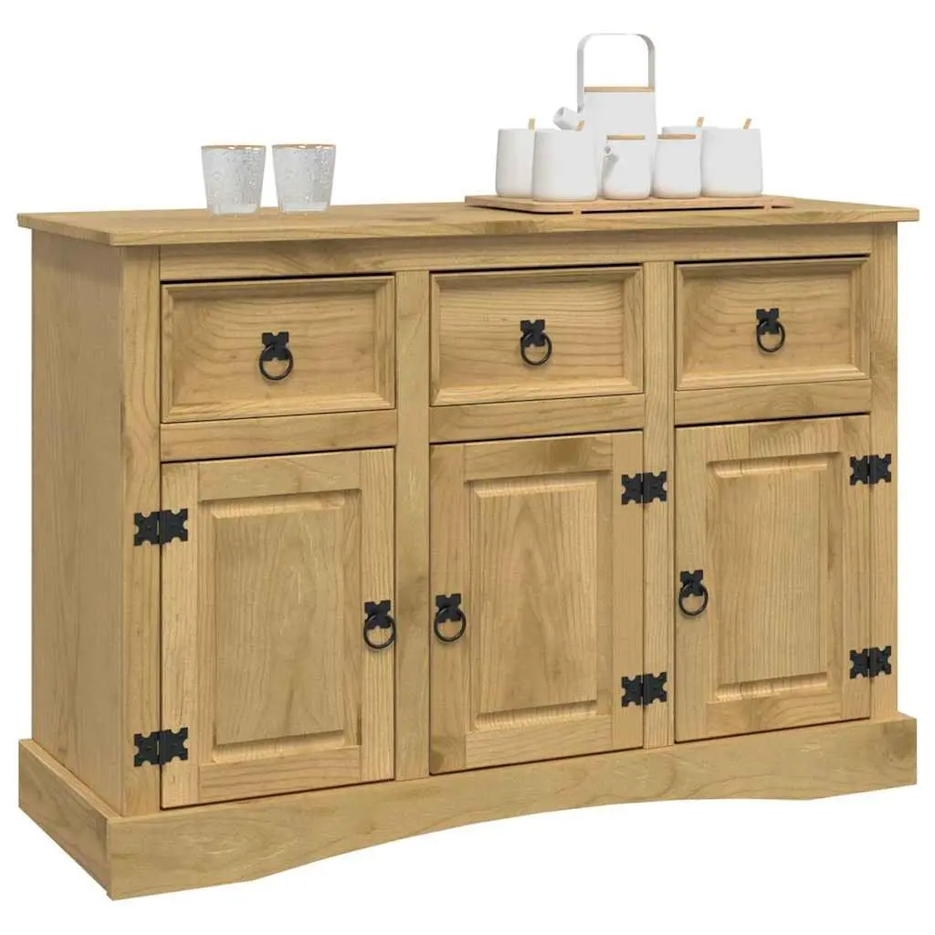 Sideboard Storage Cabinet Solid Pinewood 3 Doors Drawers Compartments Brown