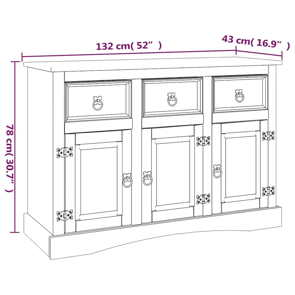 Sideboard Storage Cabinet Solid Pinewood 3 Doors Drawers Compartments Brown