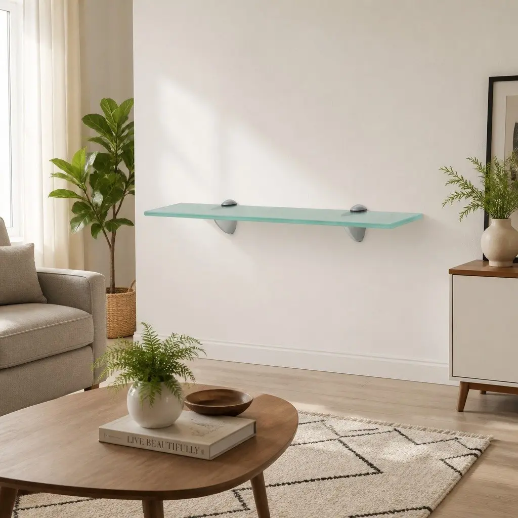 Floating Wall Shelf Transparent Glass 50x20cm Tempered Safety Display Bracket