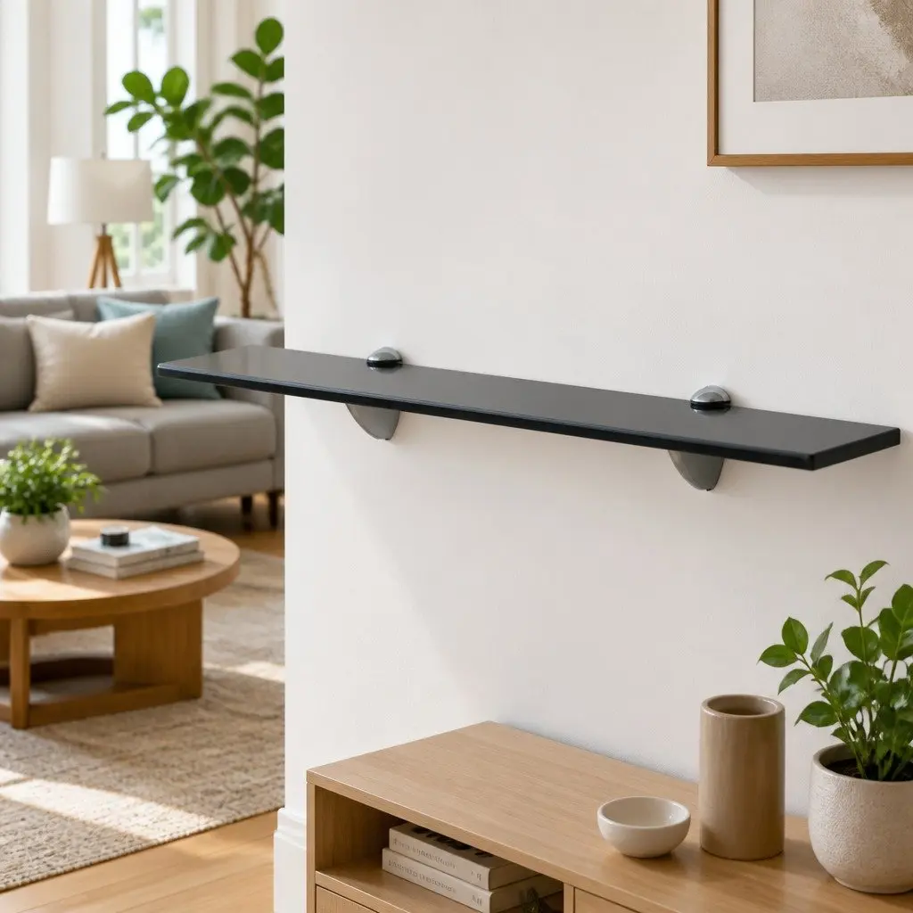 Floating Glass Wall Shelf 60x20 cm Black Modern Display Ledge for Bathroom Bedroom