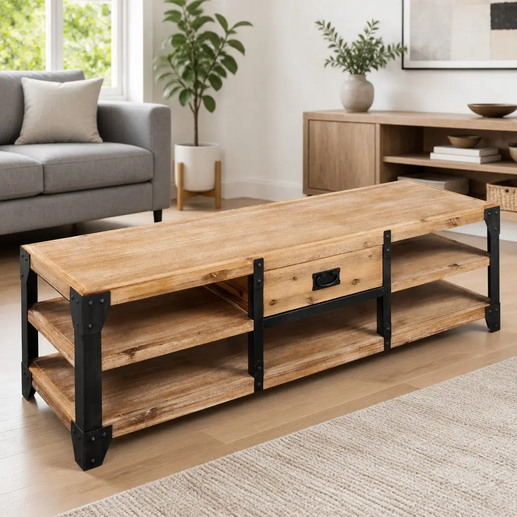TV Stand Solid Wood Brown Living Room Entertainment Storage Unit 140 x 40 x 45 cm