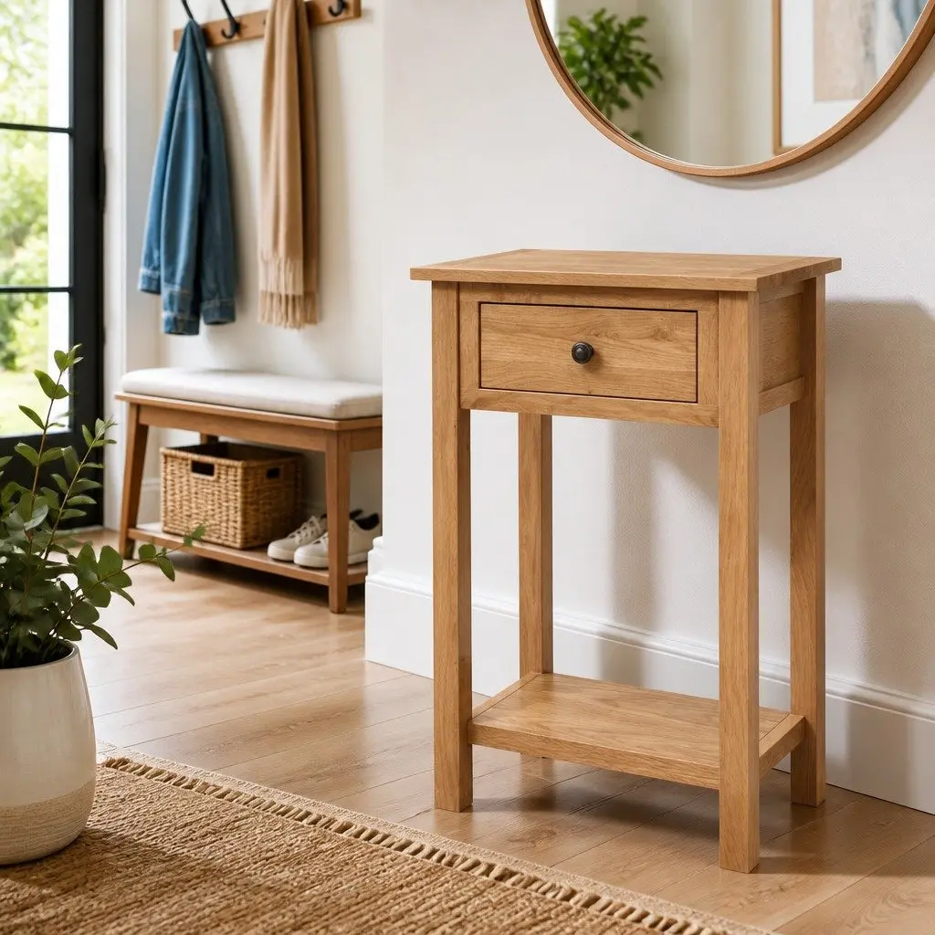 Solid Oak Wood Console Table Compact Hallway Entry Furniture Brown