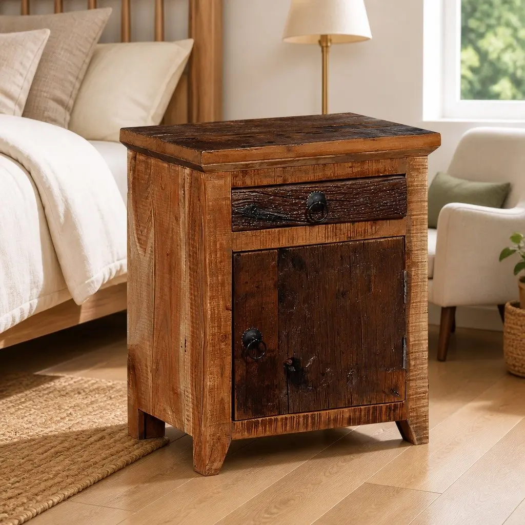 Bedside Table Solid Acacia Reclaimed Wood Nightstand with Drawer Cabinet Storage Brown