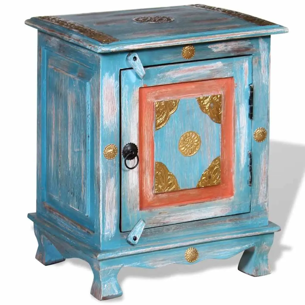 Bedside Table Solid Mango Wood Cabinet Blue Indian Style Nightstand Storage