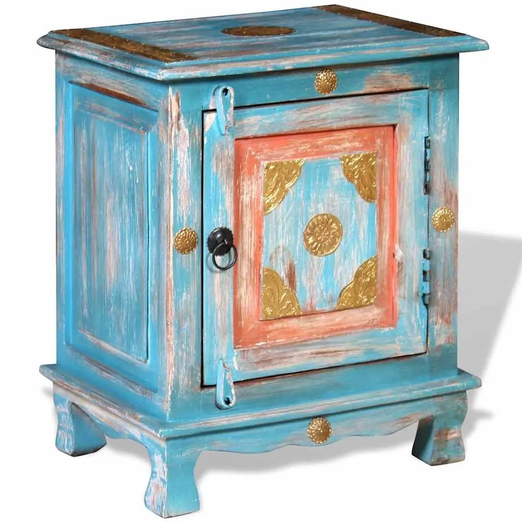 Bedside Table Solid Mango Wood Cabinet Blue Indian Style Nightstand Storage