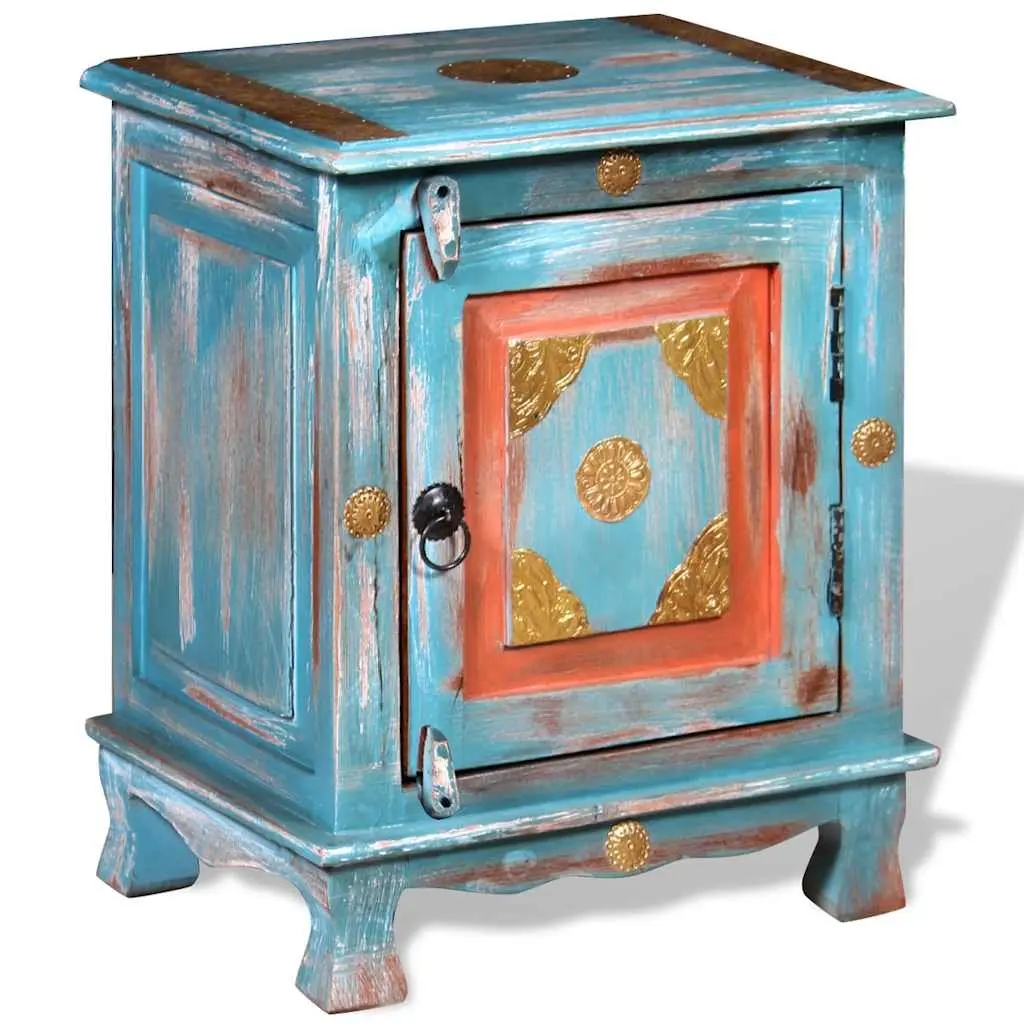 Bedside Table Solid Mango Wood Cabinet Blue Indian Style Nightstand Storage