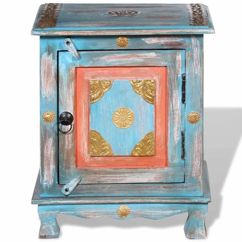 Bedside Table Solid Mango Wood Cabinet Blue Indian Style Nightstand Storage
