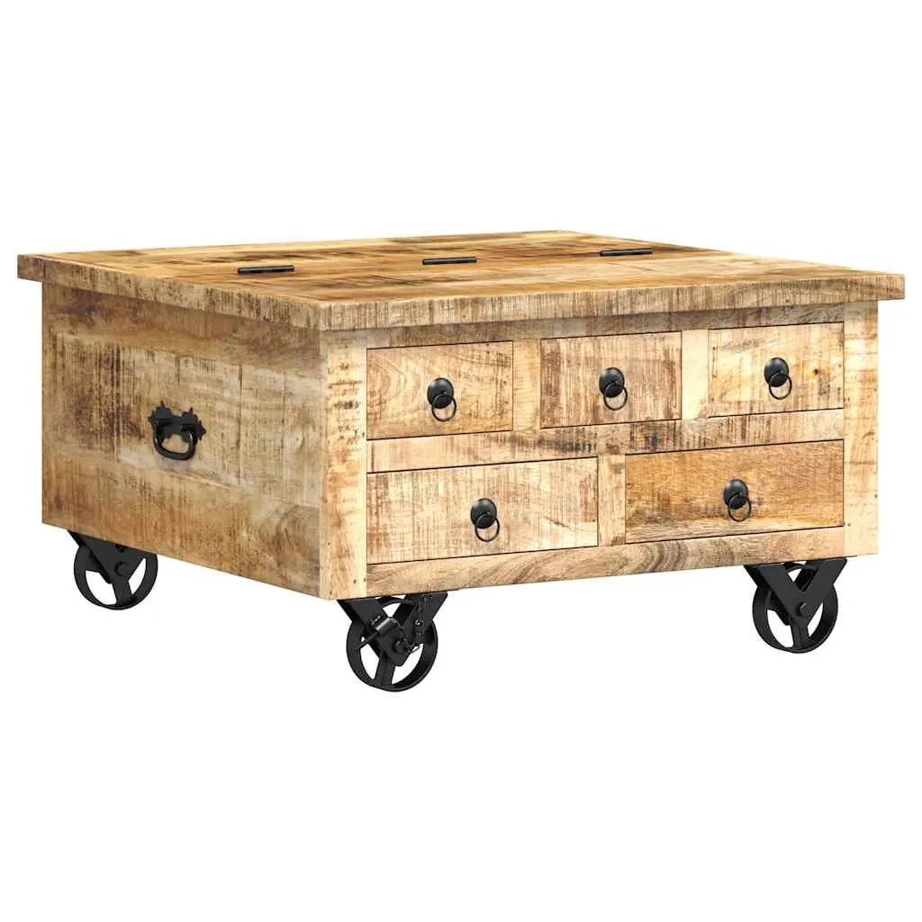 Industrial Wooden Coffee Table with Drawers Mango Wood Accent Living Room
