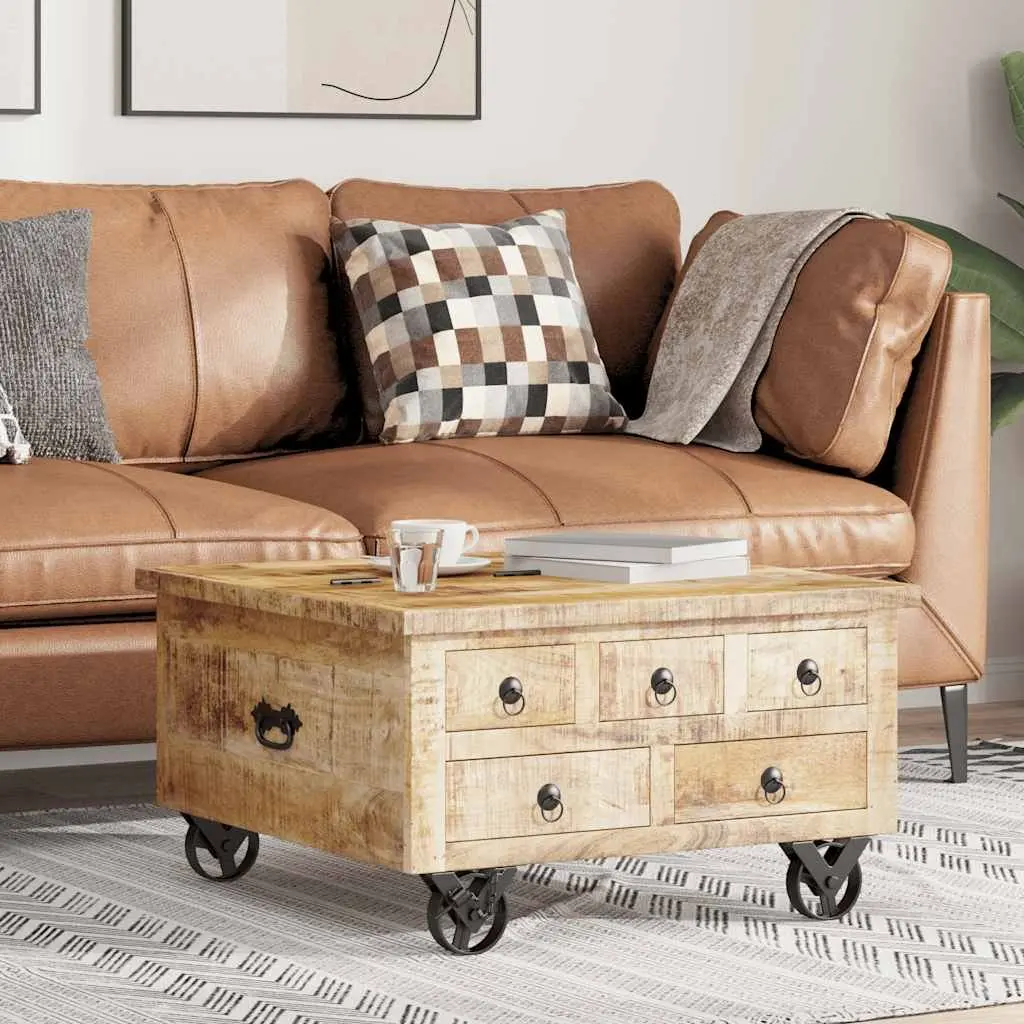 Industrial Wooden Coffee Table with Drawers Mango Wood Accent Living Room