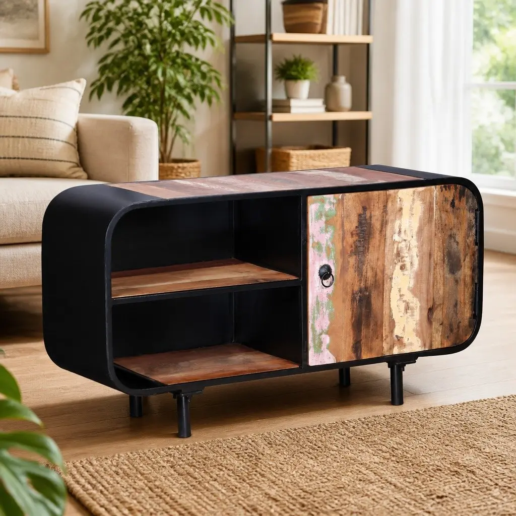 Industrial Lowboard TV Cabinet Reclaimed Wood 90x30x48cm Rustic Brown Storage Unit