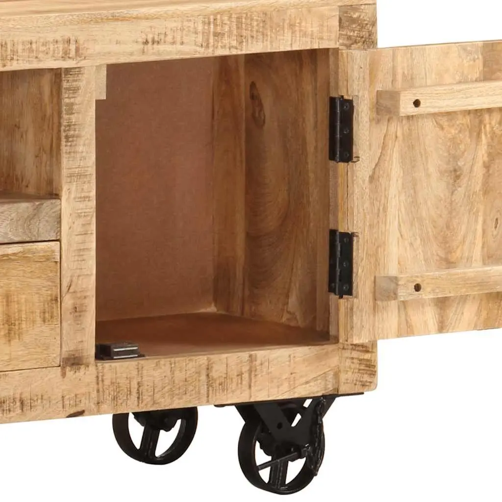 Wooden TV Cabinet Industrial Style Rough Mango Storage Unit with Wheels