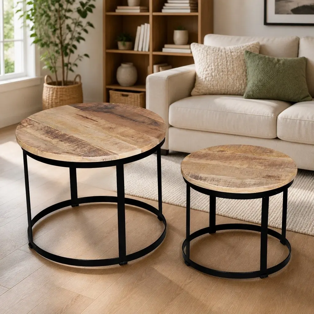 Coffee Table Set 2 Pieces Round 40 cm 50 cm Wooden Accent Tables Brown