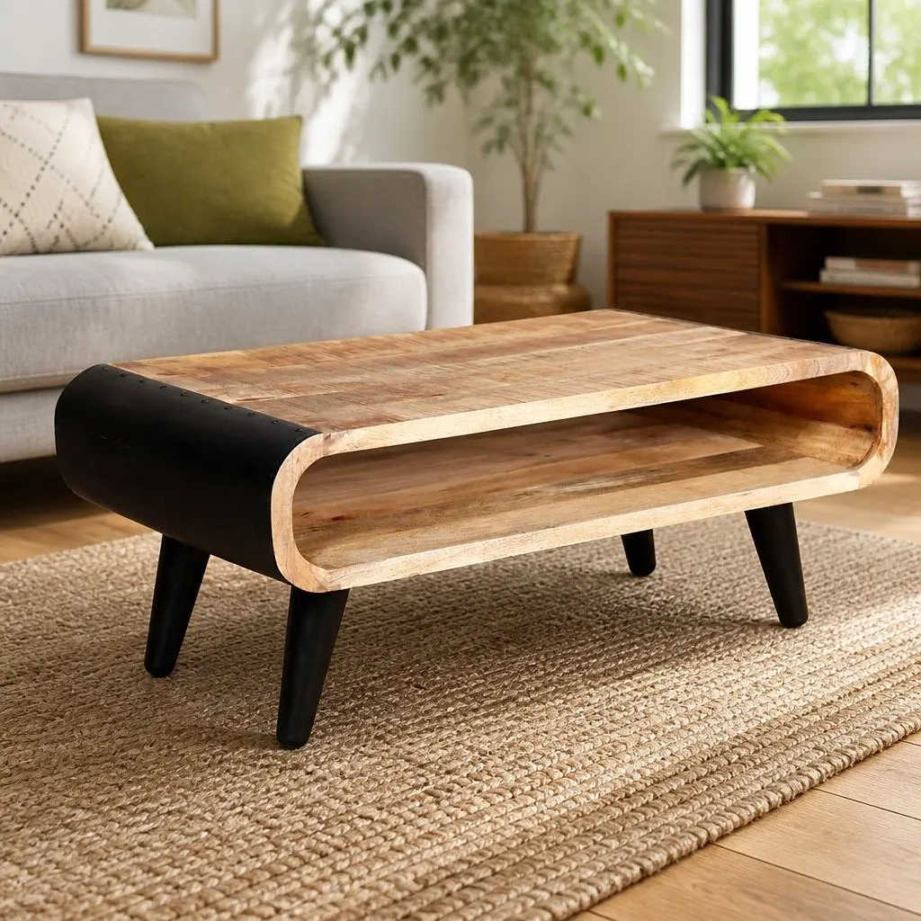 Coffee Table Rough Mango Wood Industrial Vintage Style Living Room Furniture