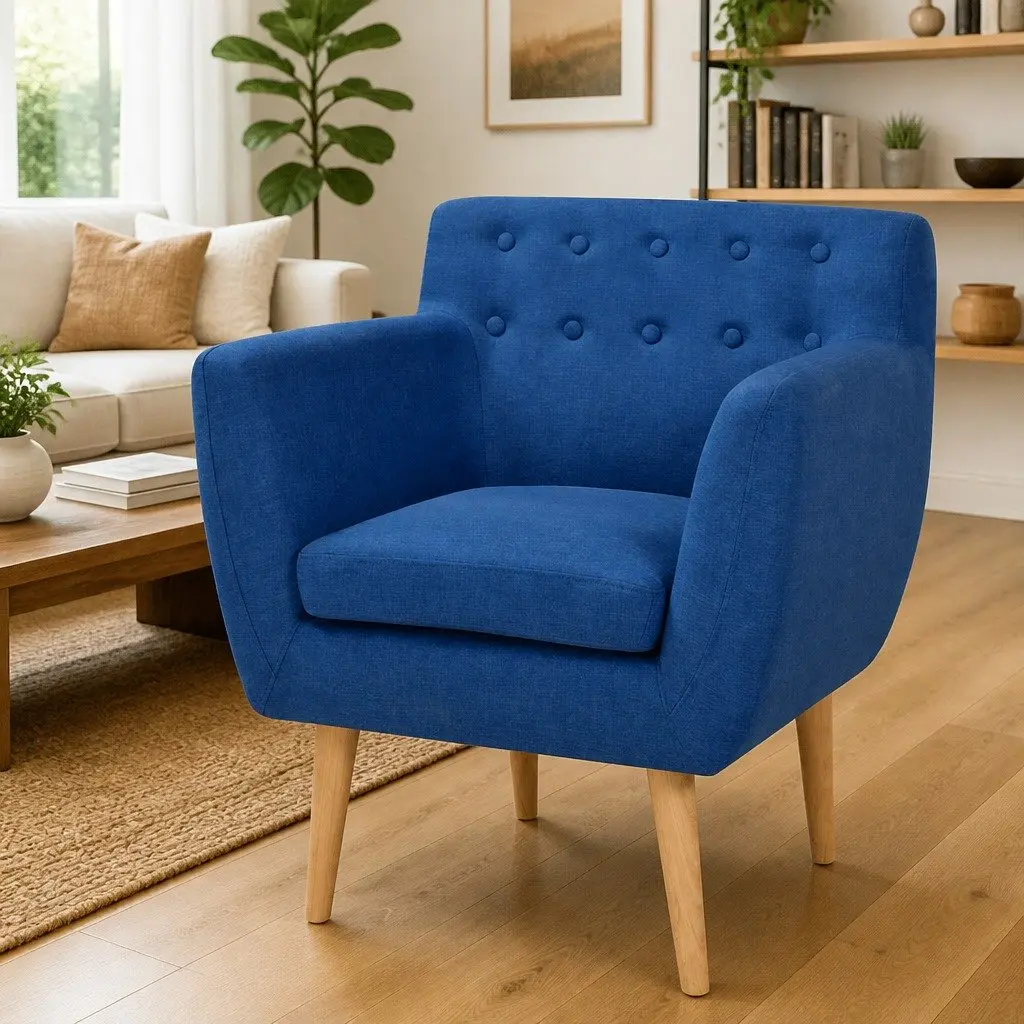 Armchair Blue Fabric Modern Design Living Room Lounge Seating Padded Cushion