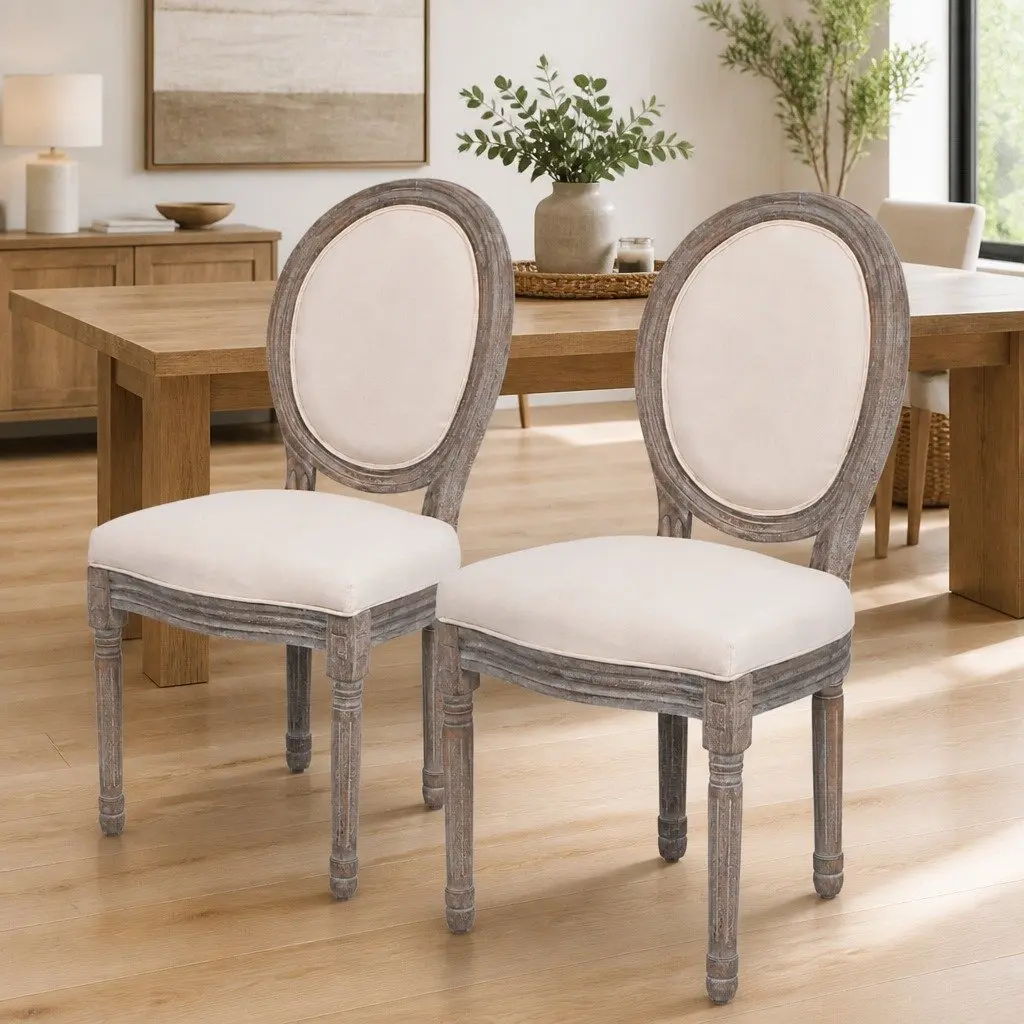 Dining Chairs Cream Fabric Padded Seat 2 pcs Wooden Legs