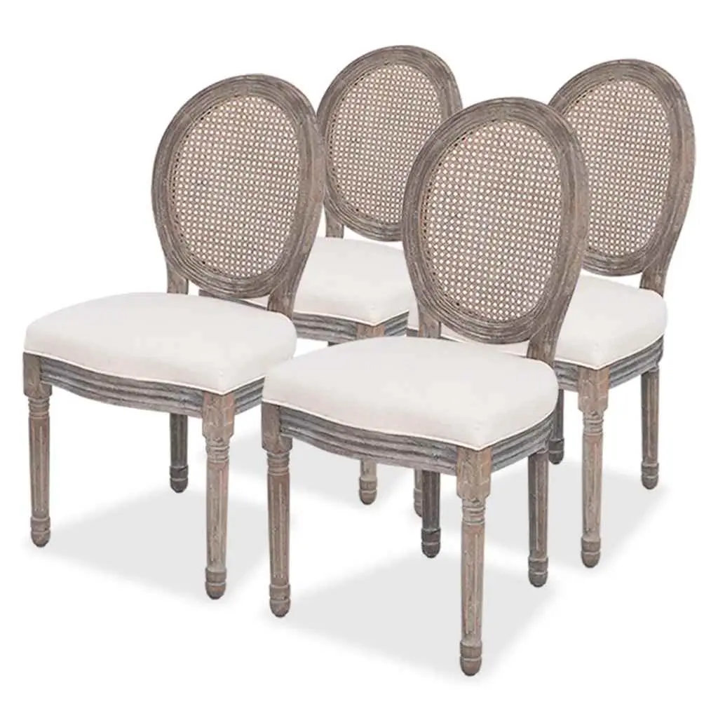 Dining Chairs Set 4 pcs Cream Linen Fabric Rattan Backrest Kitchen Room Seating