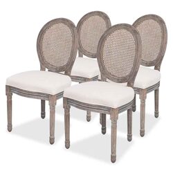 Comfortable Cream Linen Dining Chairs: 4-Piece Set with Rattan Back