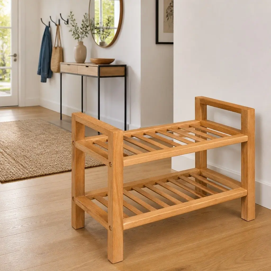 Shoe Rack Storage Organiser 2 Shelves Solid Oak Wood Compact Brown