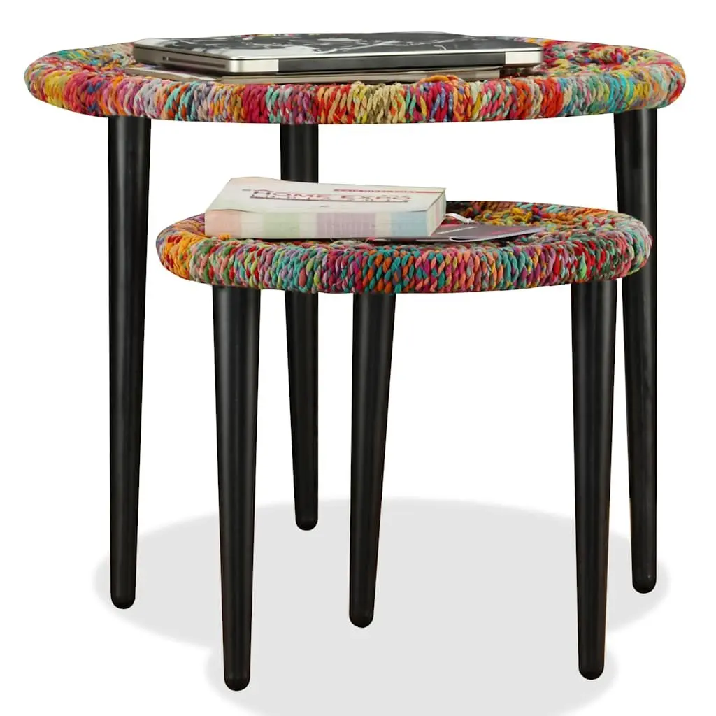 Coffee Table Set 2 Pieces Chindi Weave Multicolour Nesting Tables Living Room