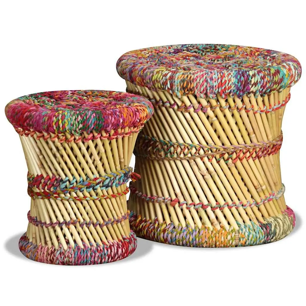 Bamboo Stools with Chindi Details Set of 2 Multicolour Footstools Side Tables