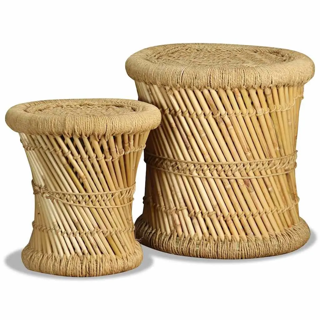 Bamboo and Jute Stools Set of 2 Brown Natural Woven Indoor Outdoor Garden Patio