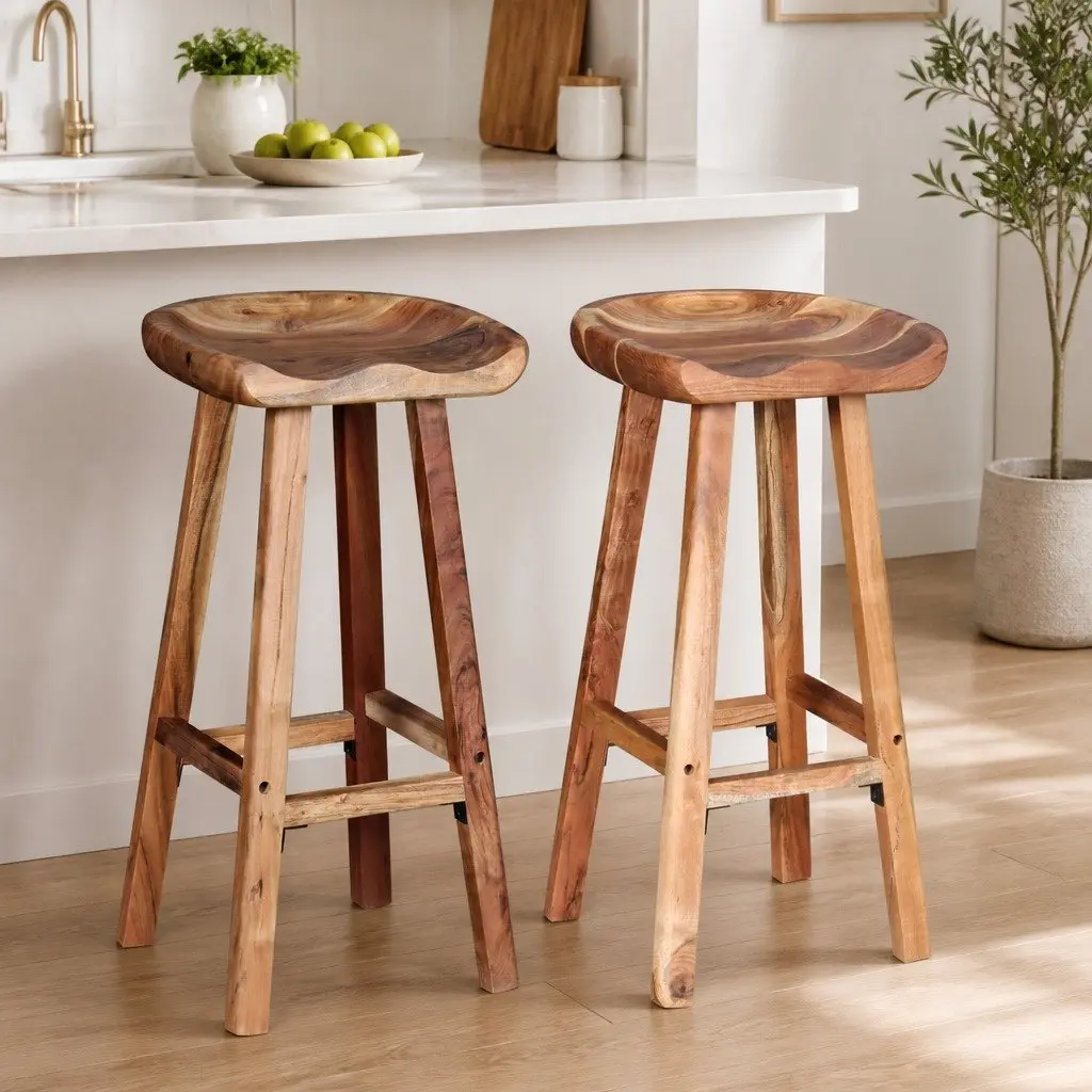 Brown Bar Stools Made from Solid Acacia Wood