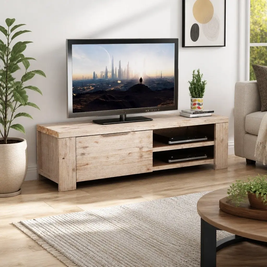 TV Cabinet Solid Acacia Wood Storage Unit 140 x 38 x 40 cm Beige