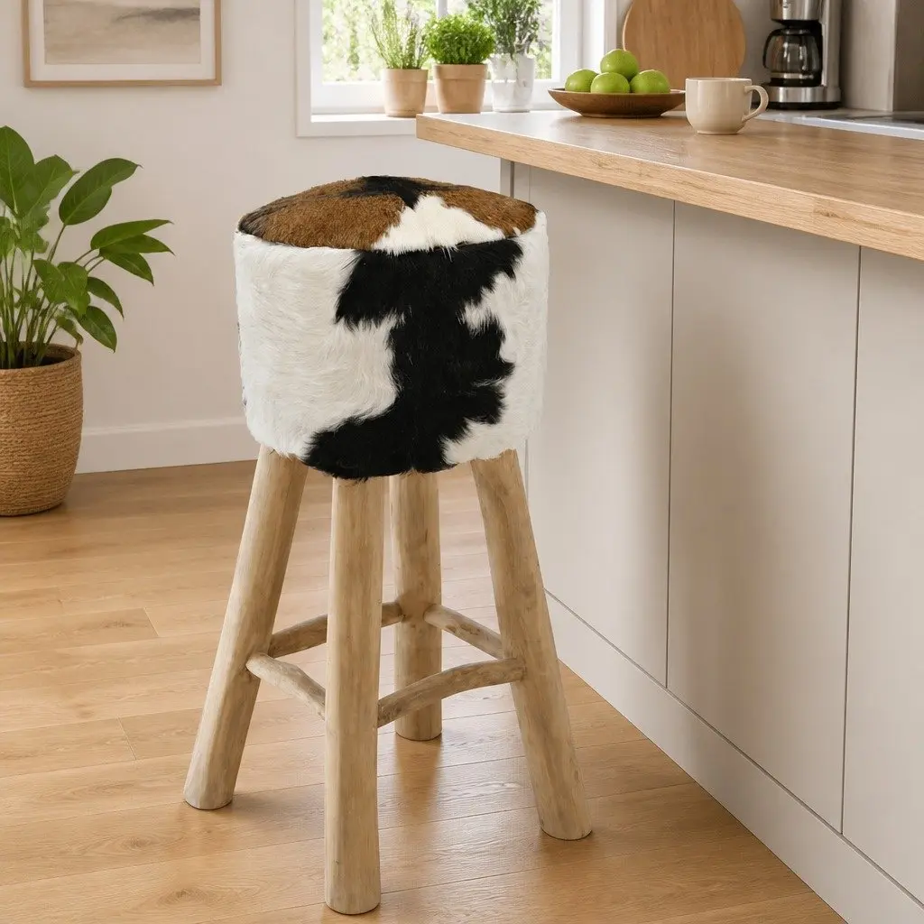 Bar Stool with Goat Leather Seat and Teak Wood Frame Rustic Brown Dining