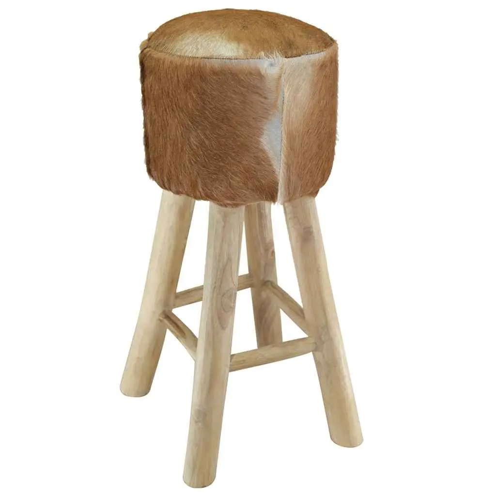 Bar Stool with Goat Leather Seat and Teak Wood Frame Rustic Brown Dining