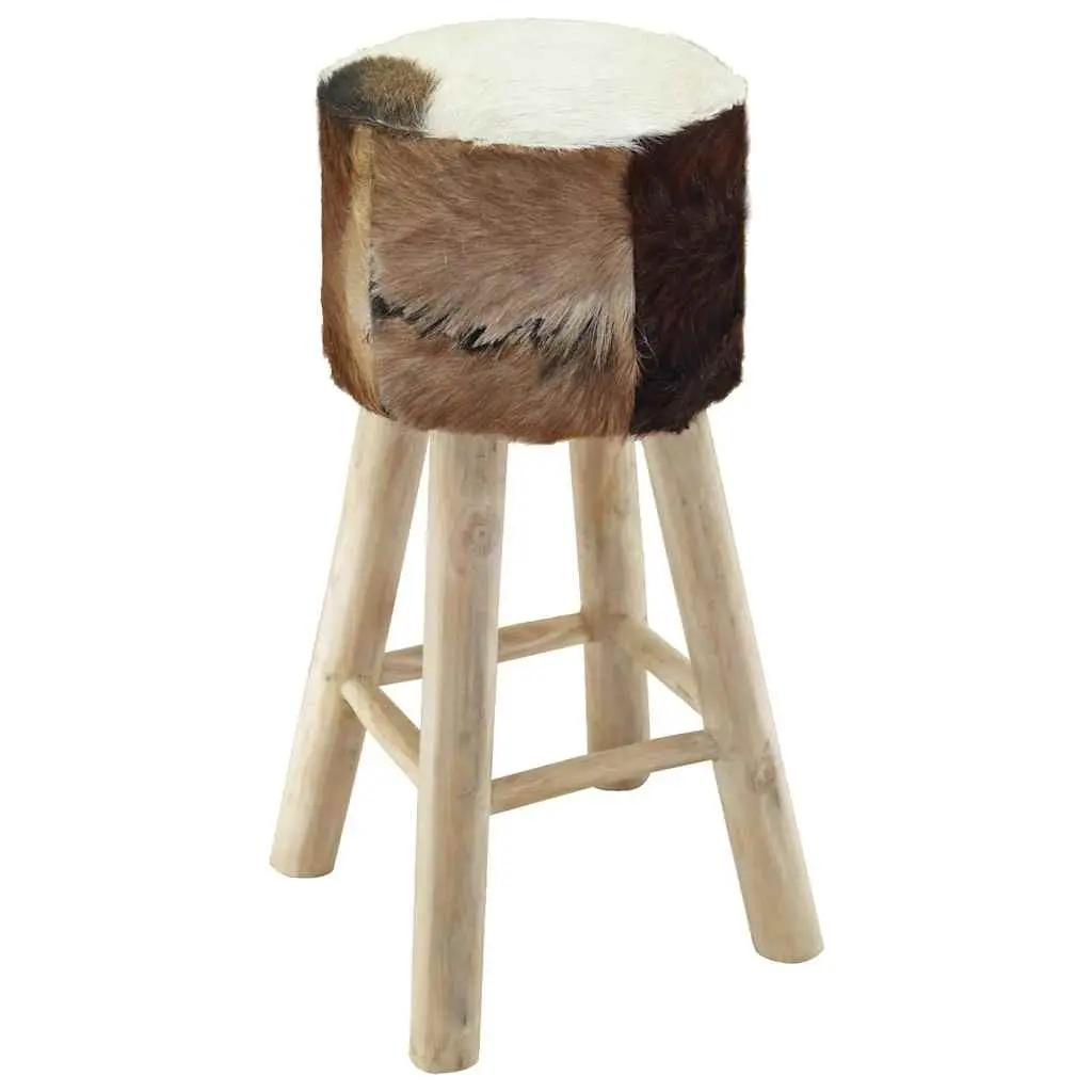 Bar Stool with Goat Leather Seat and Teak Wood Frame Rustic Brown Dining