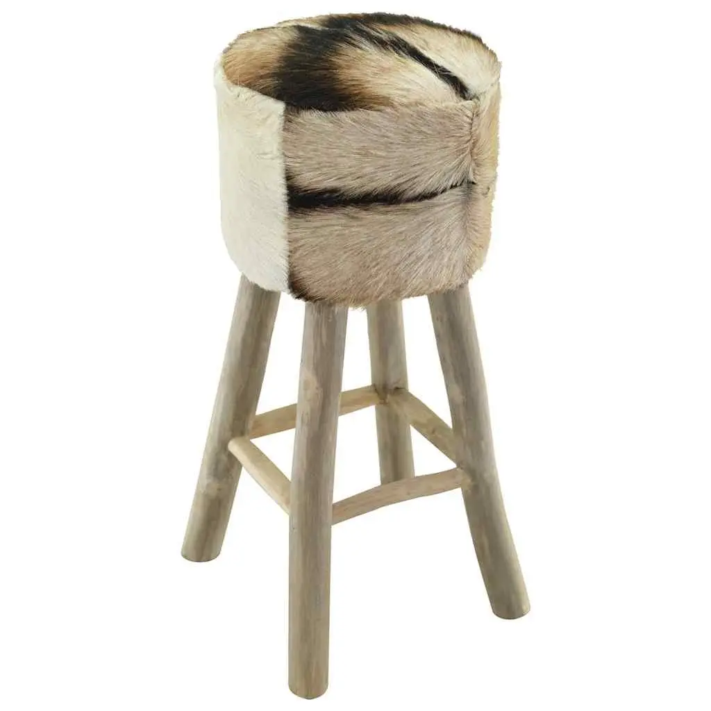 Bar Stool with Goat Leather Seat and Teak Wood Frame Rustic Brown Dining