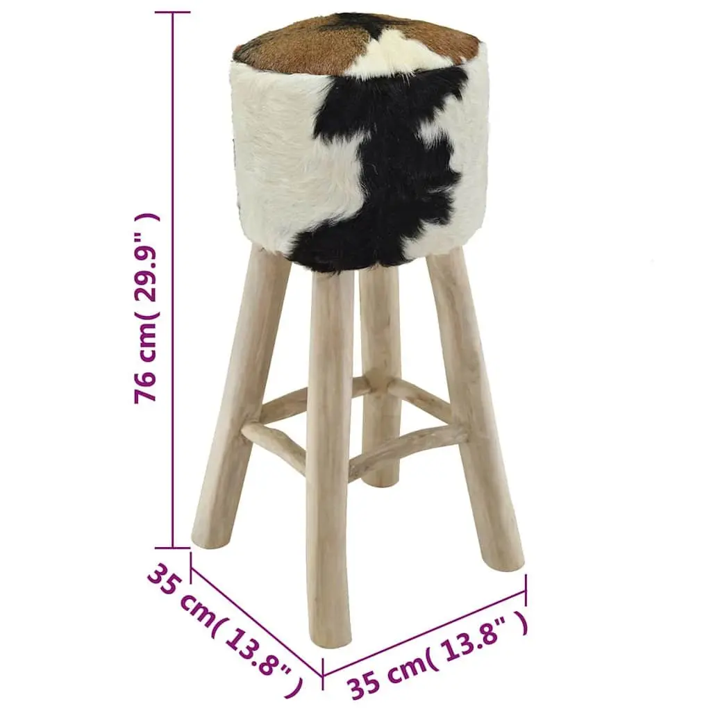 Bar Stool with Goat Leather Seat and Teak Wood Frame Rustic Brown Dining
