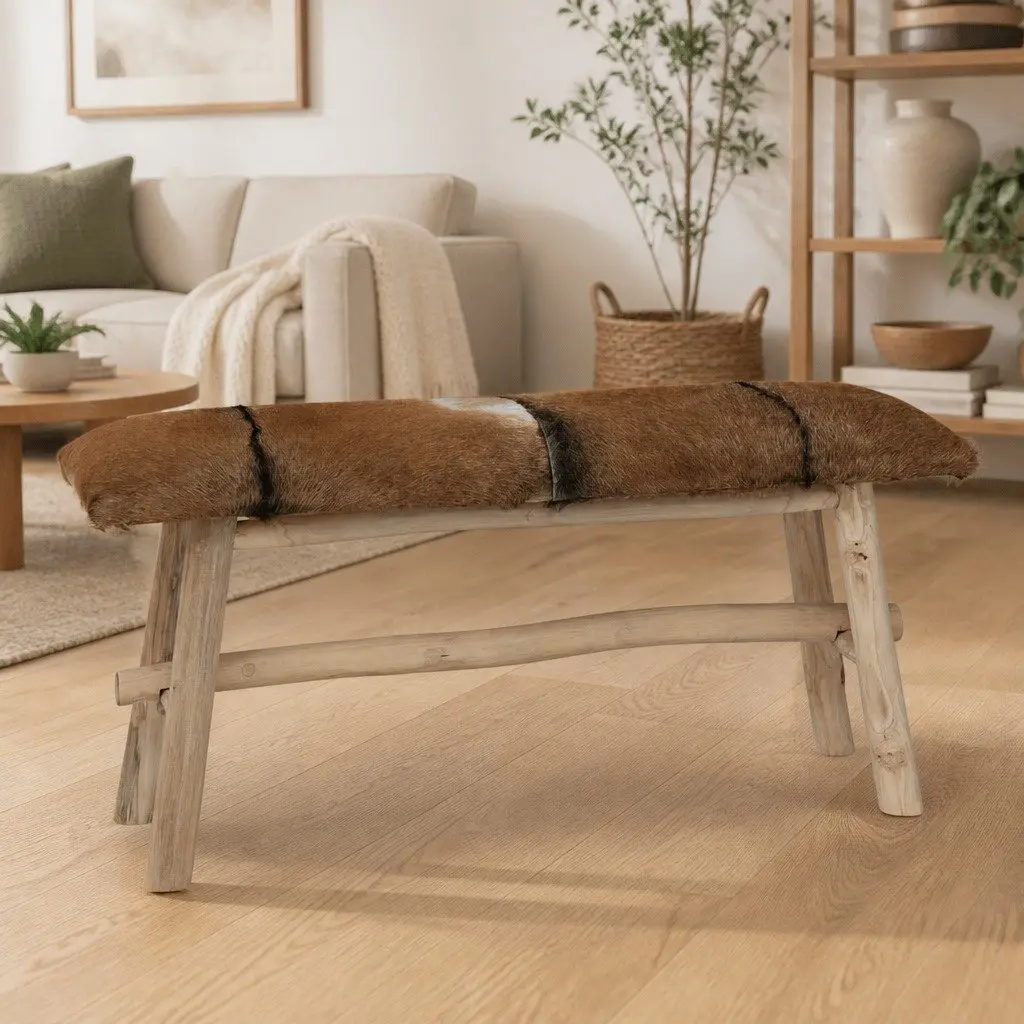 Goat Leather Bench with Sturdy Teak Frame