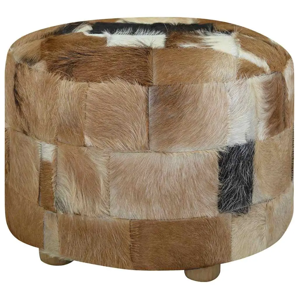 Round Pouffe Footrest Goat Leather Multicolour Ottoman Seat 50cm x 50cm x 45cm