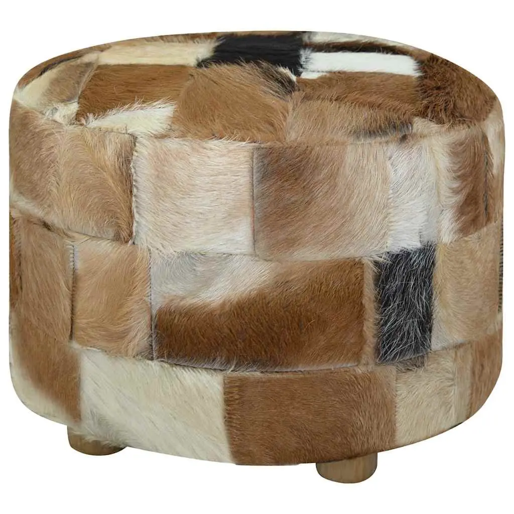 Round Pouffe Footrest Goat Leather Multicolour Ottoman Seat 50cm x 50cm x 45cm