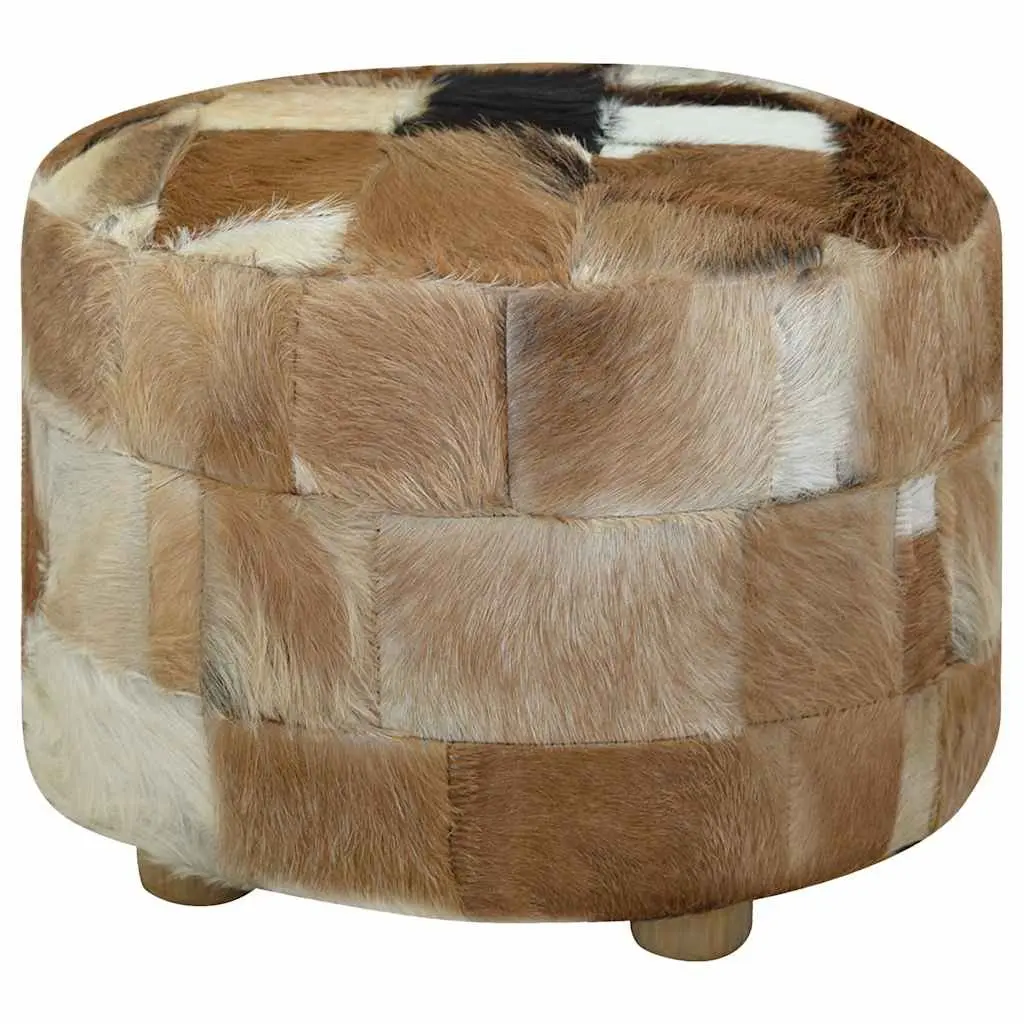 Round Pouffe Footrest Goat Leather Multicolour Ottoman Seat 50cm x 50cm x 45cm