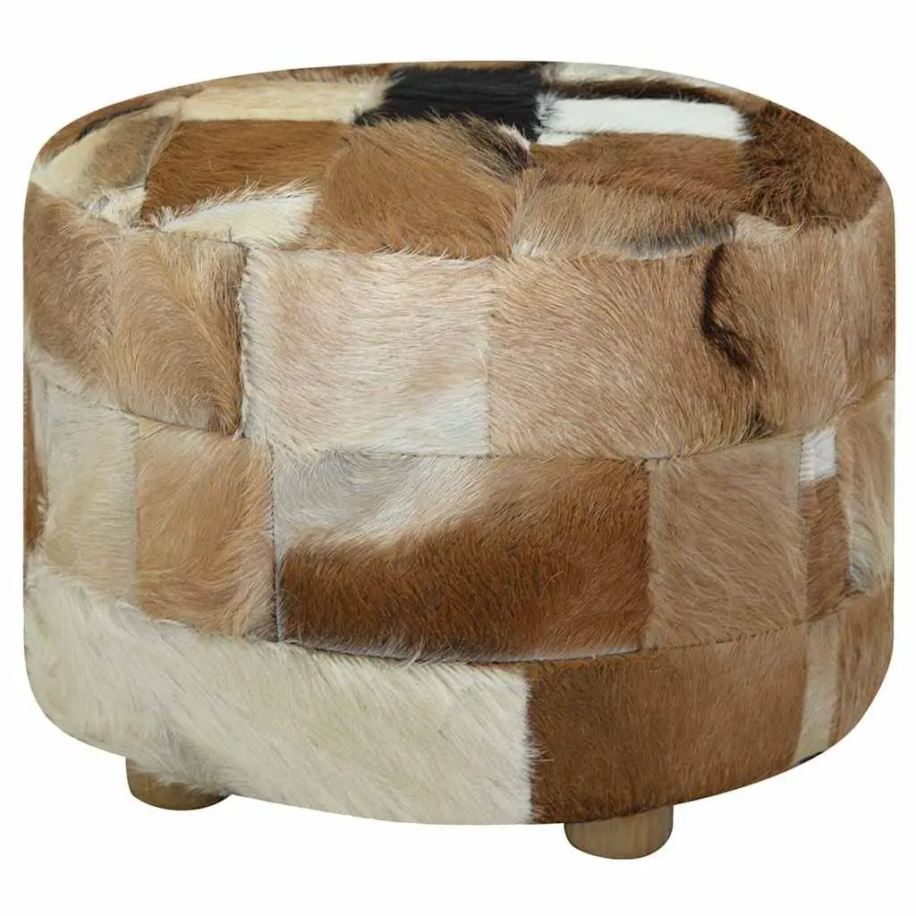 Round Pouffe Footrest Goat Leather Multicolour Ottoman Seat 50cm x 50cm x 45cm