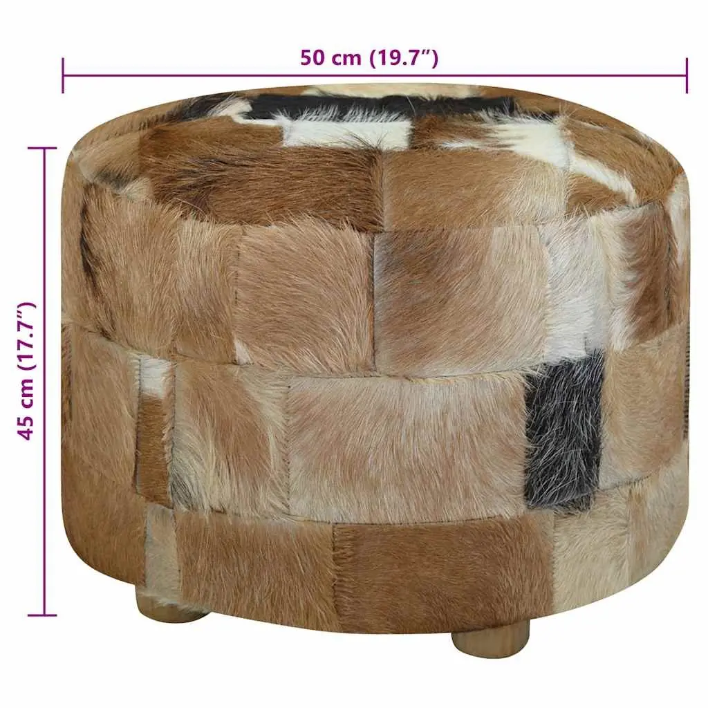 Round Pouffe Footrest Goat Leather Multicolour Ottoman Seat 50cm x 50cm x 45cm