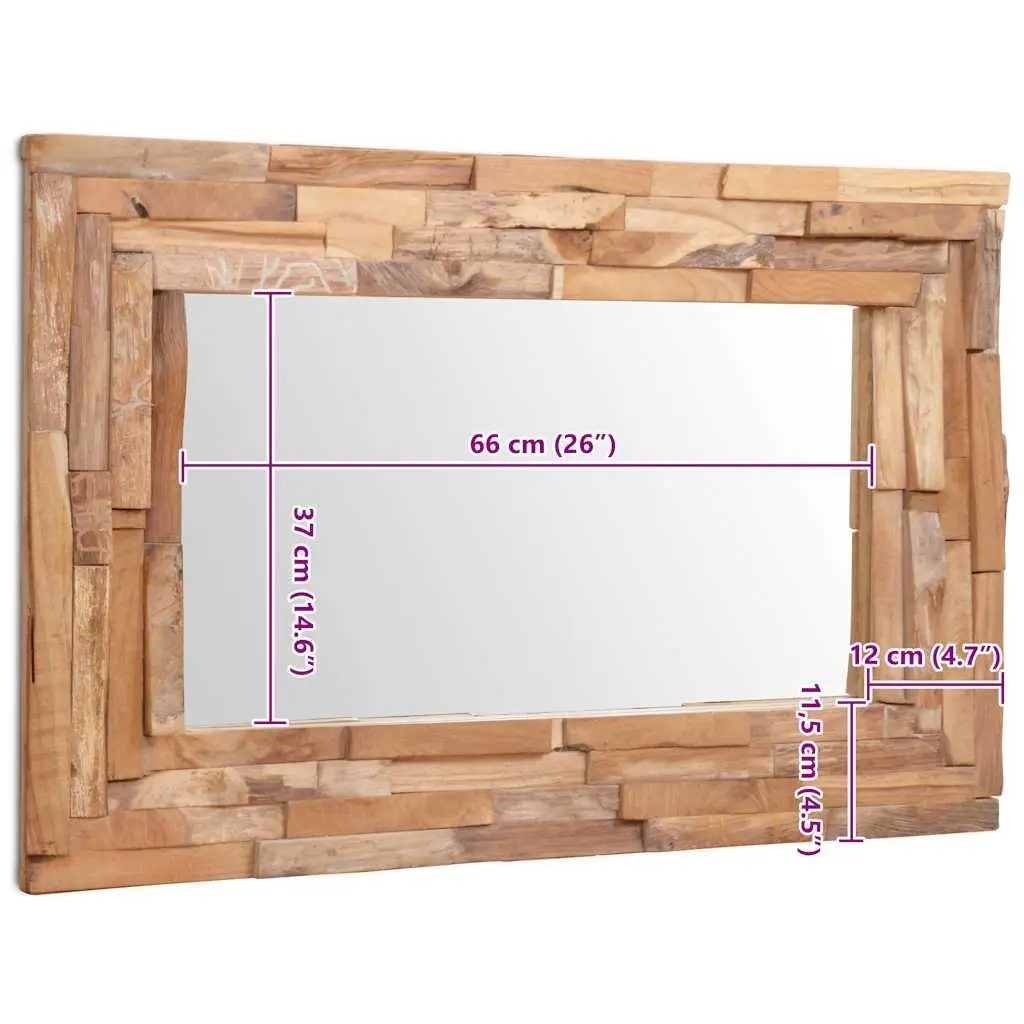Decorative Mirror Rustic Teak Frame 90 x 60 cm Brown Wall Mounted Home Decor Living Room Bathroom
