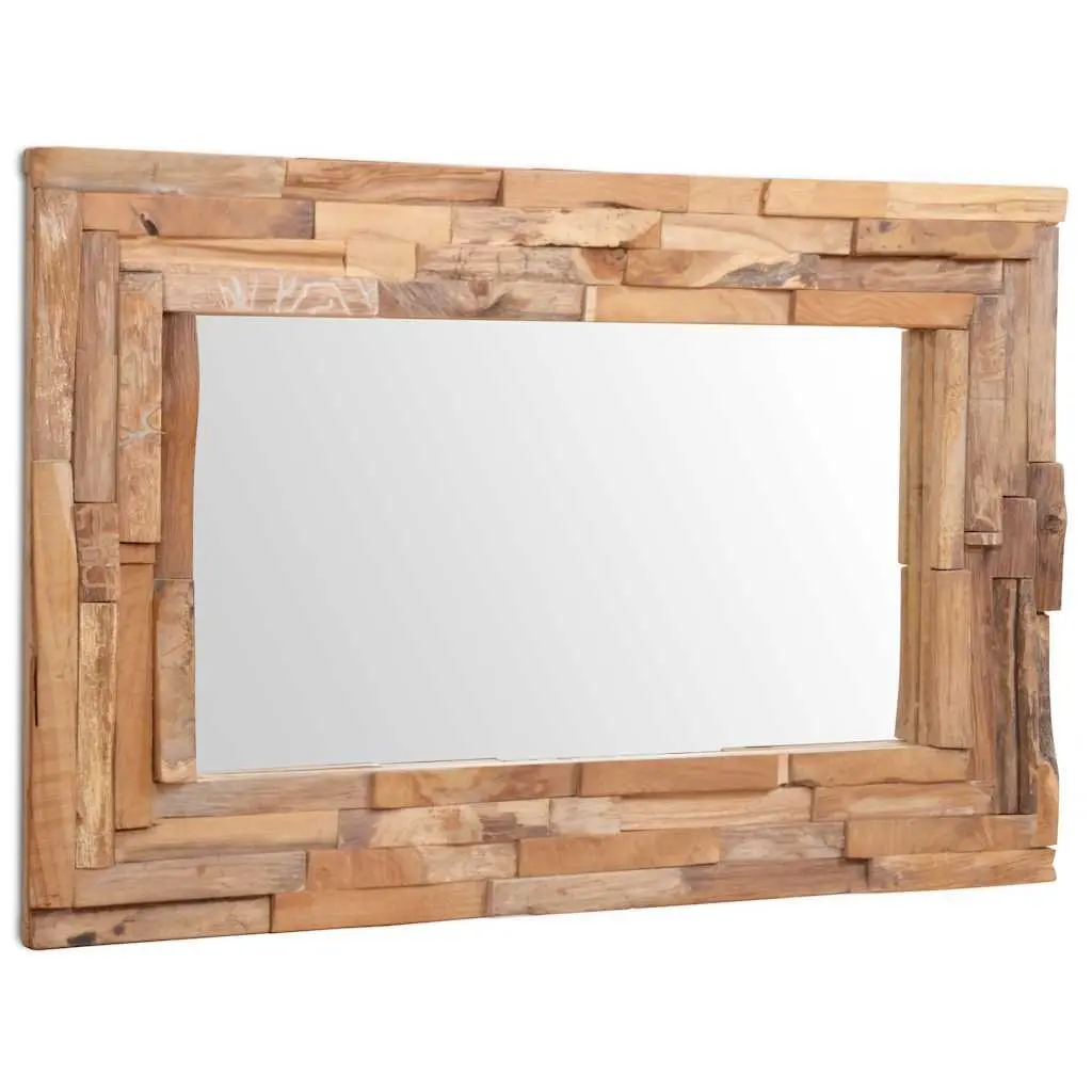 Decorative Mirror Rustic Teak Frame 90 x 60 cm Brown Wall Mounted Home Decor Living Room Bathroom