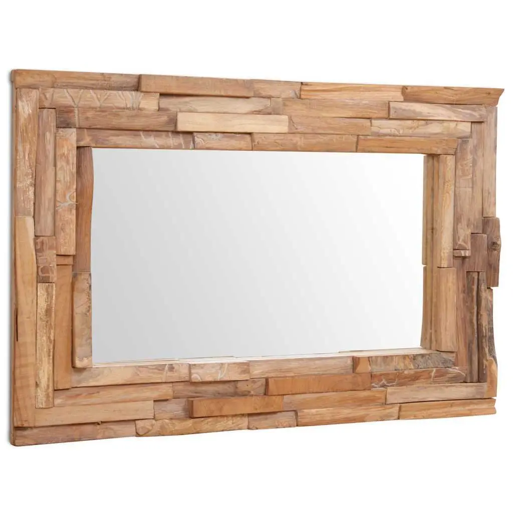 Decorative Mirror Rustic Teak Frame 90 x 60 cm Brown Wall Mounted Home Decor Living Room Bathroom