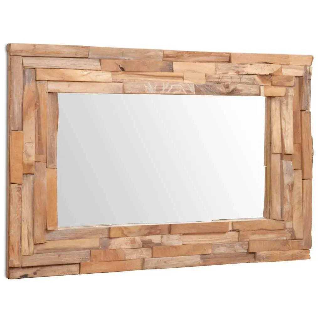 Decorative Mirror Rustic Teak Frame 90 x 60 cm Brown Wall Mounted Home Decor Living Room Bathroom