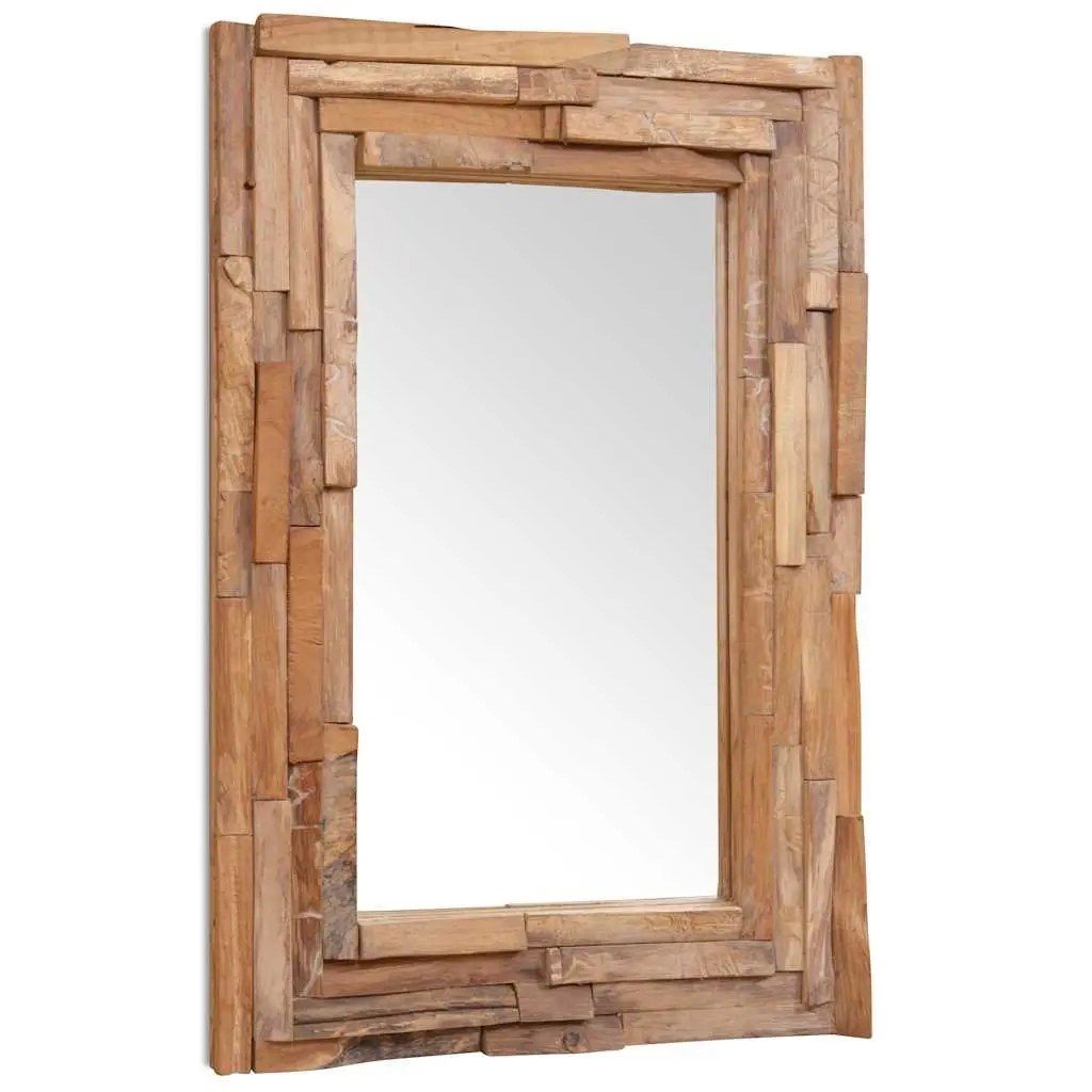 Decorative Mirror Rustic Teak Frame 90 x 60 cm Brown Wall Mounted Home Decor Living Room Bathroom