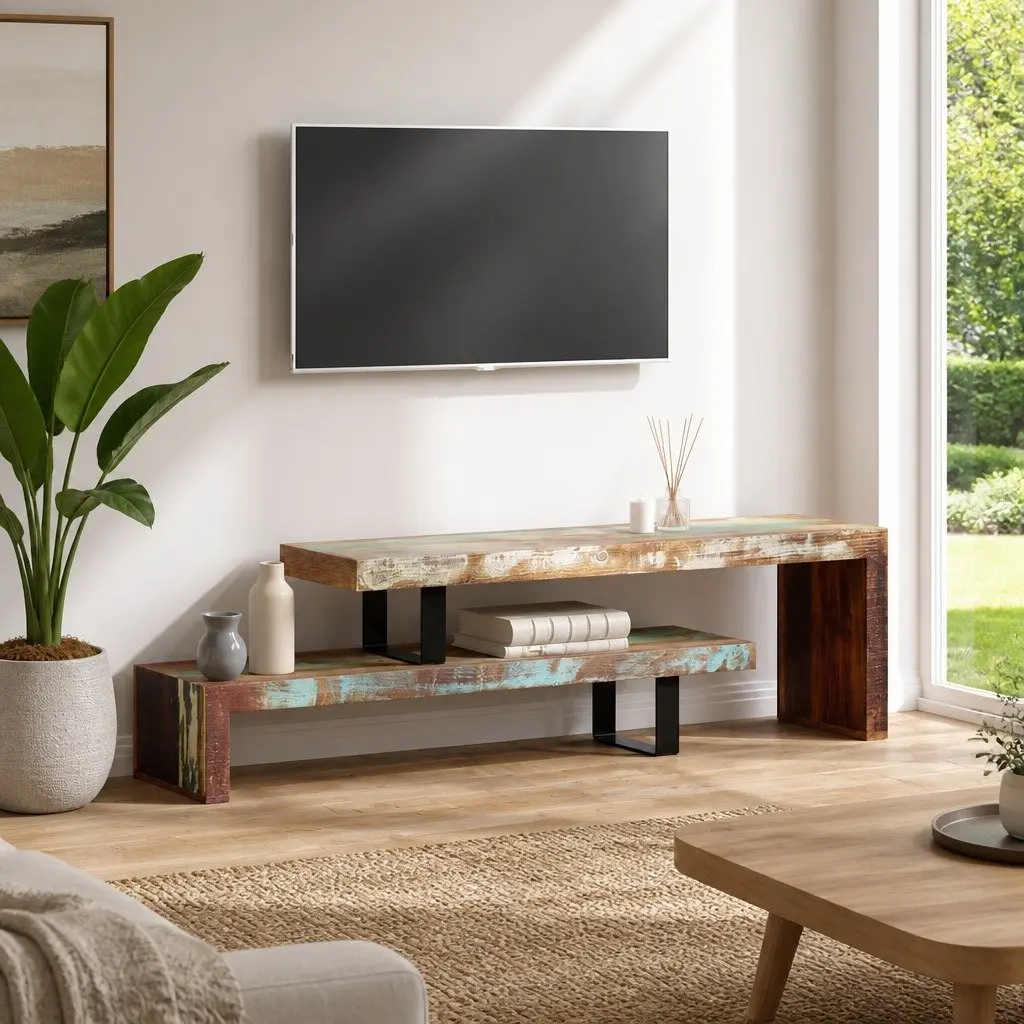 TV Stand Solid Reclaimed Wood Brown Stackable Storage Cabinet Two-Tier Lowboard