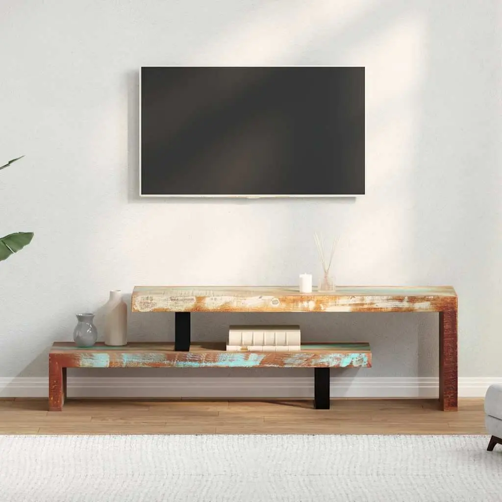 TV Stand Solid Reclaimed Wood Brown Stackable Storage Cabinet Two-Tier Lowboard