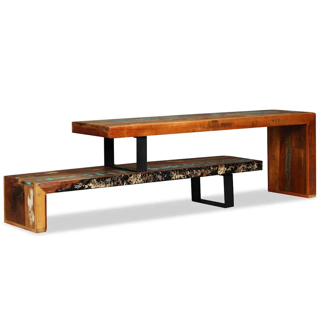 TV Stand Solid Reclaimed Wood Brown Stackable Storage Cabinet Two-Tier Lowboard