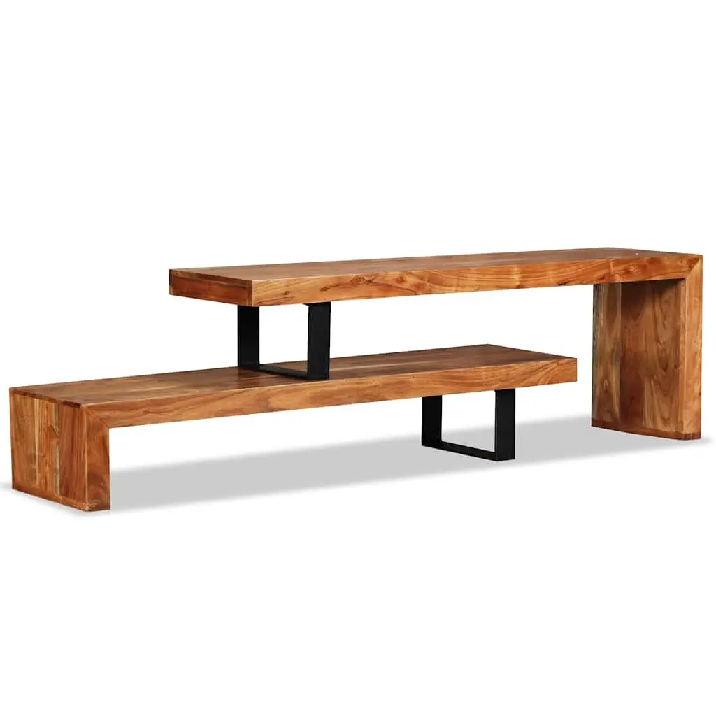 Wooden TV Stand Solid Acacia Wood 2-Tier Stackable Cabinet Brown Retro