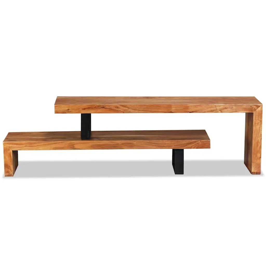 Wooden TV Stand Solid Acacia Wood 2-Tier Stackable Cabinet Brown Retro